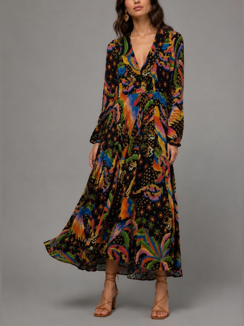 Farm Rio Macaw Island Maxi Dress Long Sleeve S Black Tropical Multicolor Boho